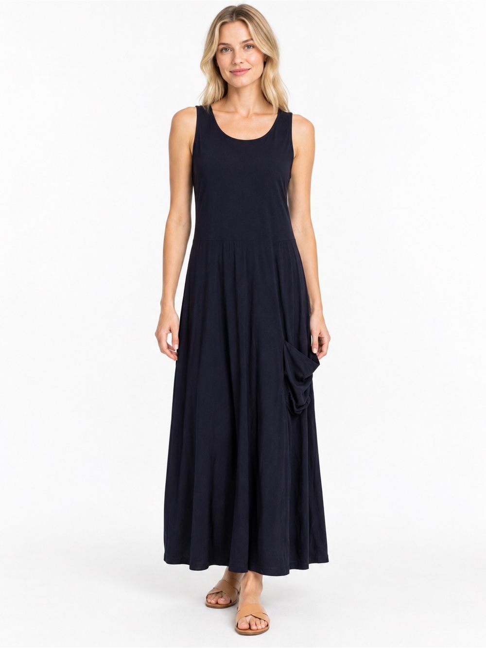 Eileen Fisher Maxi Dress Blue Sleeveless One Slouch Pocket Made USA M lagenlook